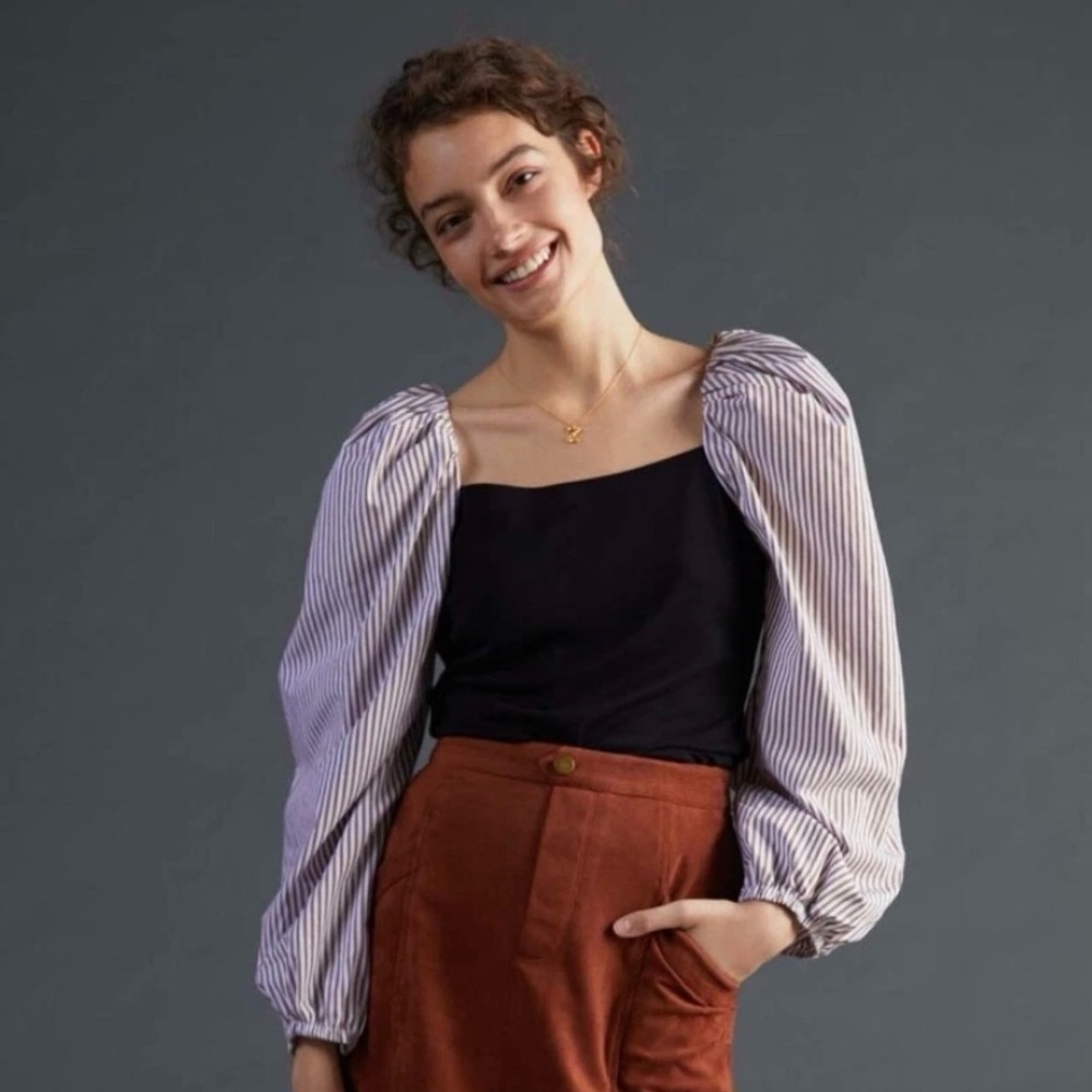 Anthropologie Maeve Open-Back Puff-Sleeved Blouse Size Medium Stripes